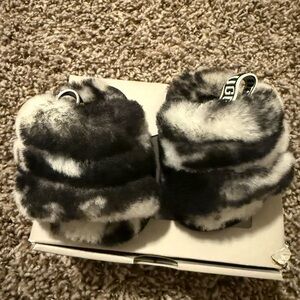 UGG Kids' Black and White Fluffy Slippers
